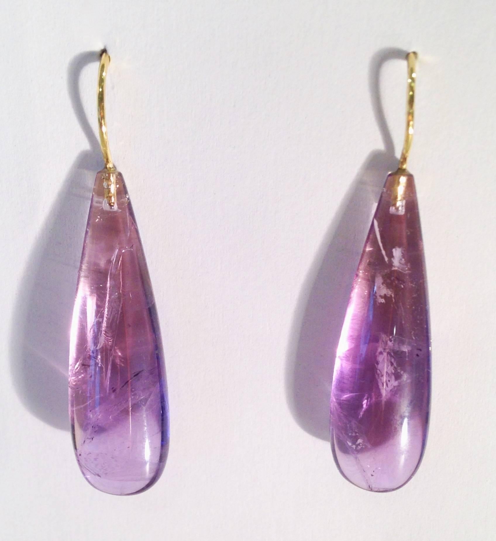 Susan created these earrings from 34.3ct Amethyst drops earrings with 18k hammered Yellow Gold wires.
