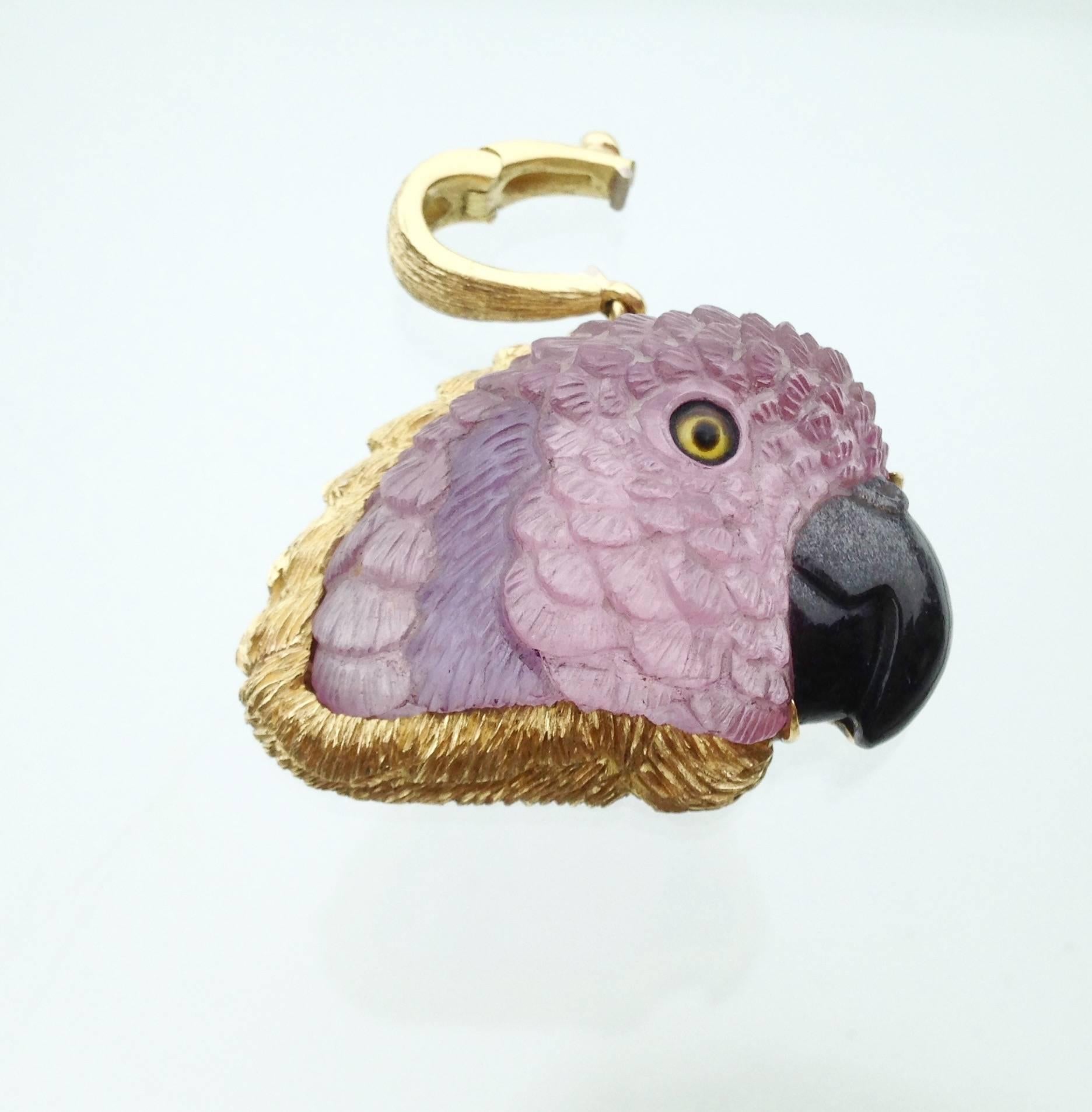 Pink Tourmaline Tanzanite Onyx Gold Polly the Parrot Pendant In New Condition In Nantucket, MA