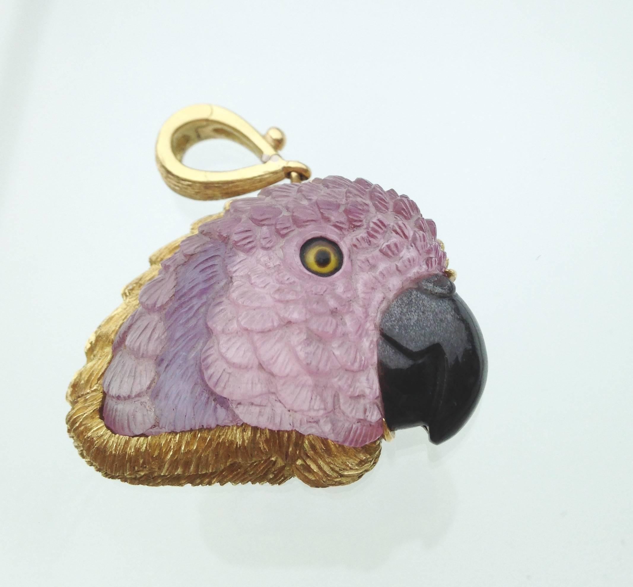 Women's or Men's Pink Tourmaline Tanzanite Onyx Gold Polly the Parrot Pendant