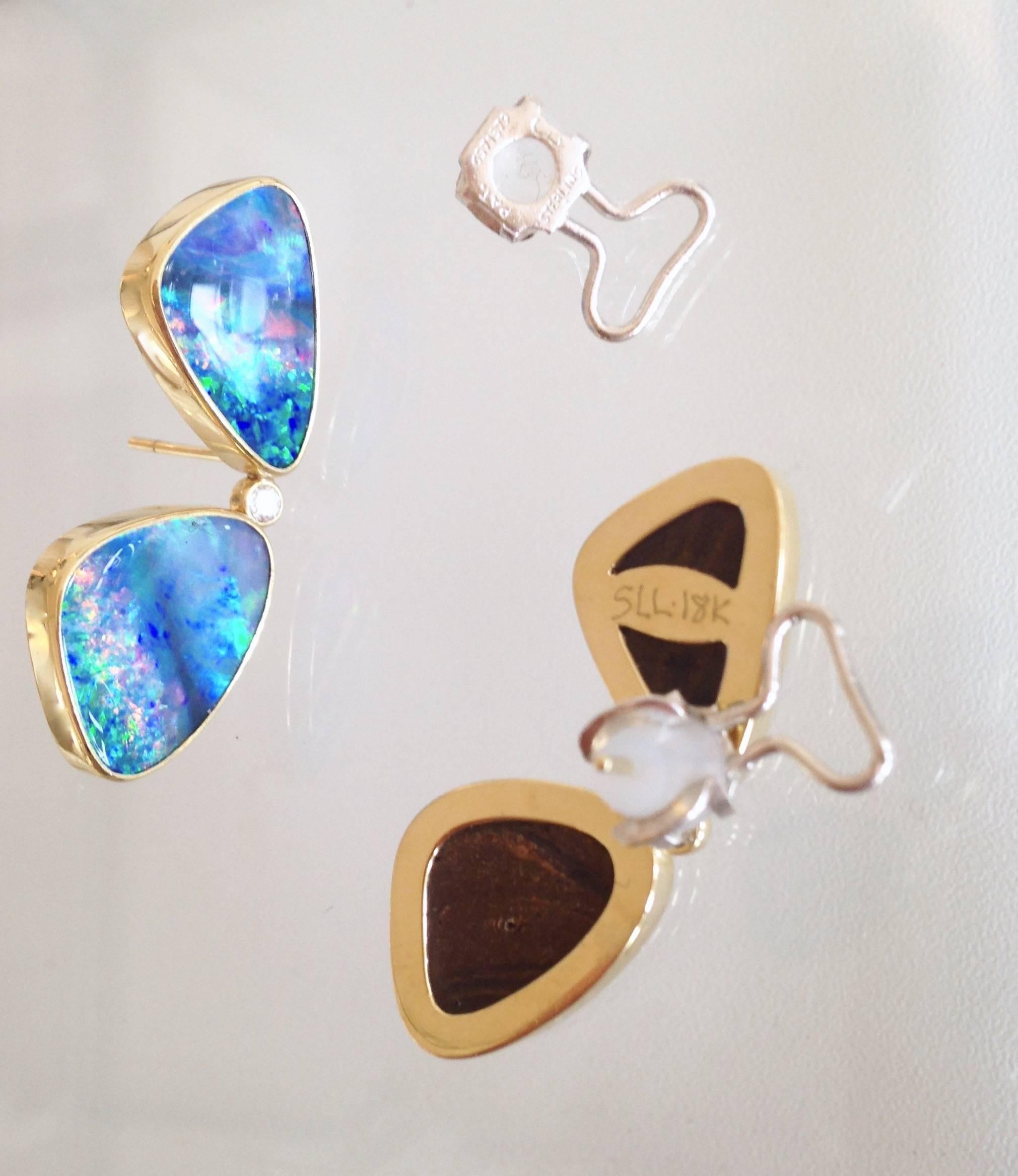 Artist Australian Boulder Opal Diamond Gold Butterfly Earrings