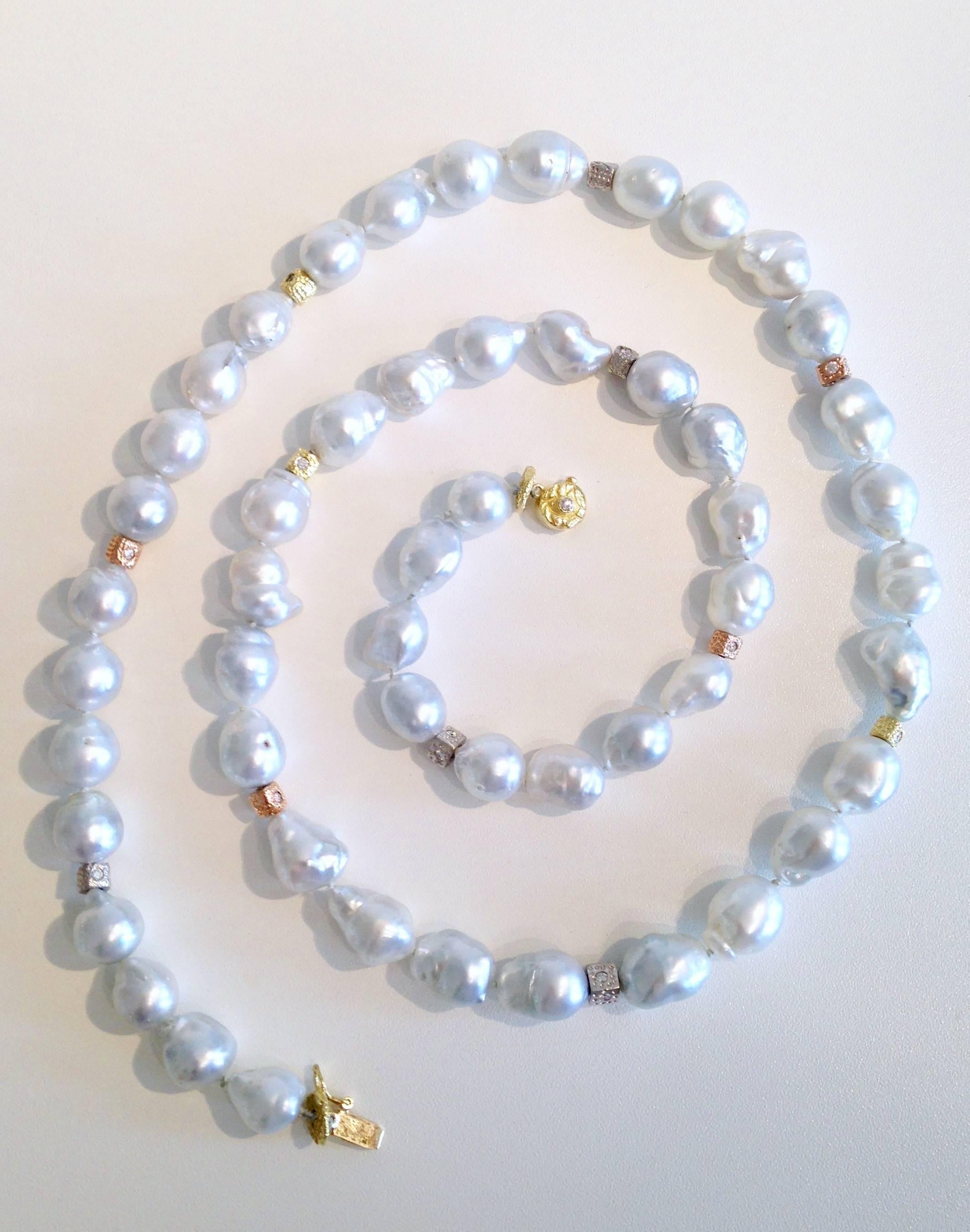 Women's or Men's Silver-White Baroque Pearl Necklace with Diamond and Gold Beads