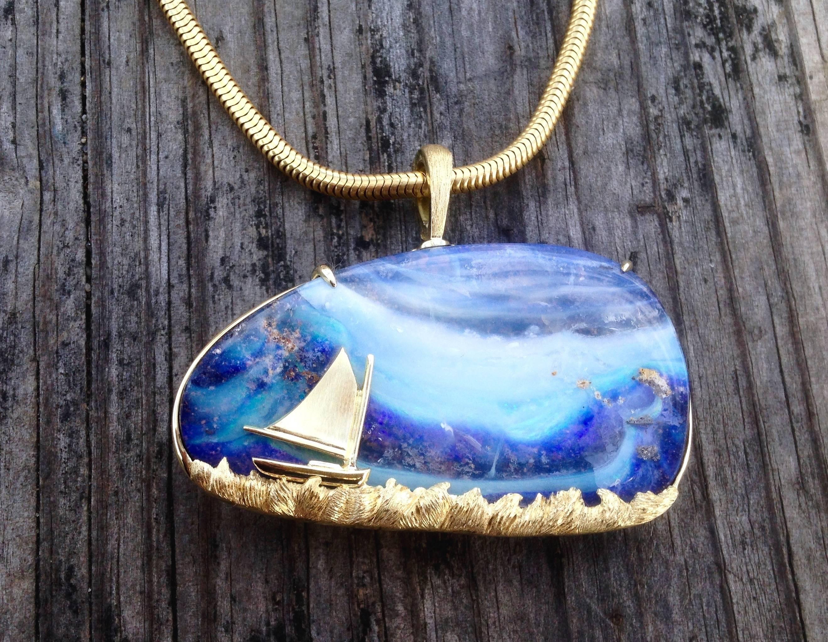 Australian Boulder Opal Wave, Sea & Sky Pendant w/ 18kt Gold Catboat 2