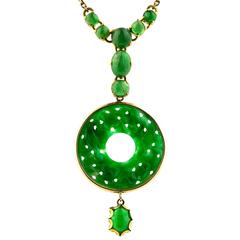 Fine Burmese Vintage Jadeite And14 Karat Yellow Gold Pendant Necklace