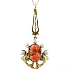 Antique Art Nouveau Coral Cameo Enamel and Pearl 14 Karat Yellow Gold Pendant