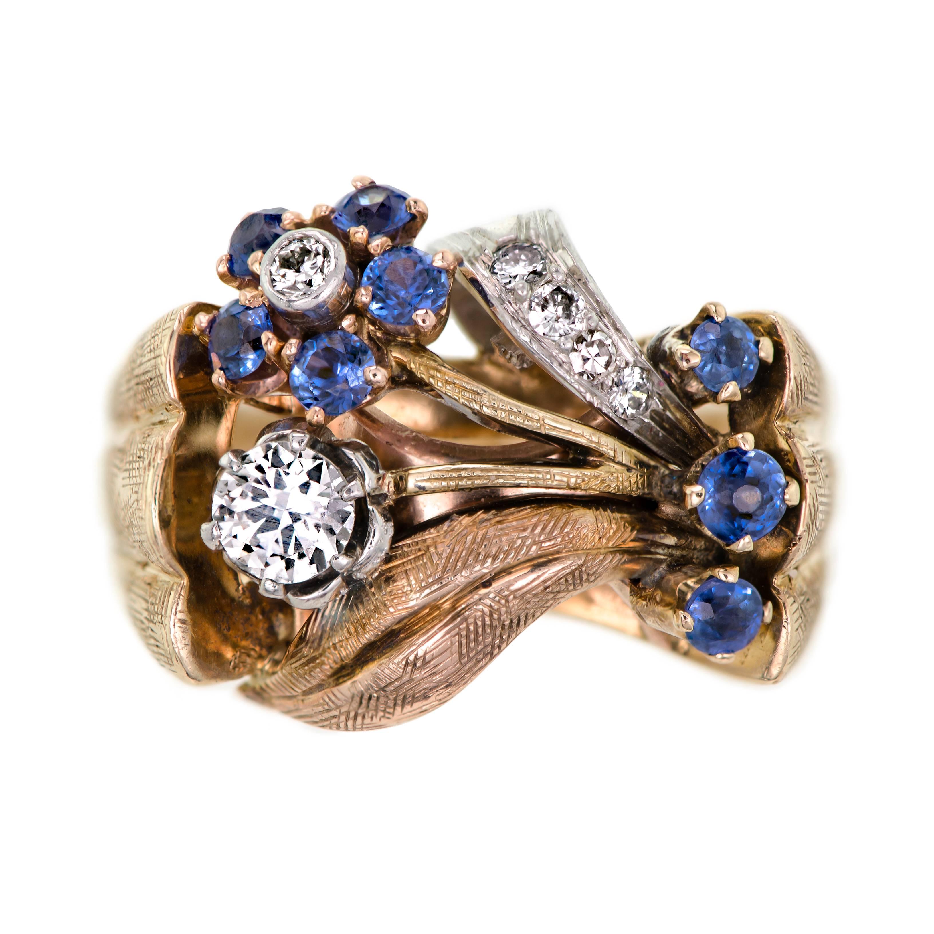 Retro Diamond Sapphire Rose Gold Platinum Stylized Floral Ring For Sale