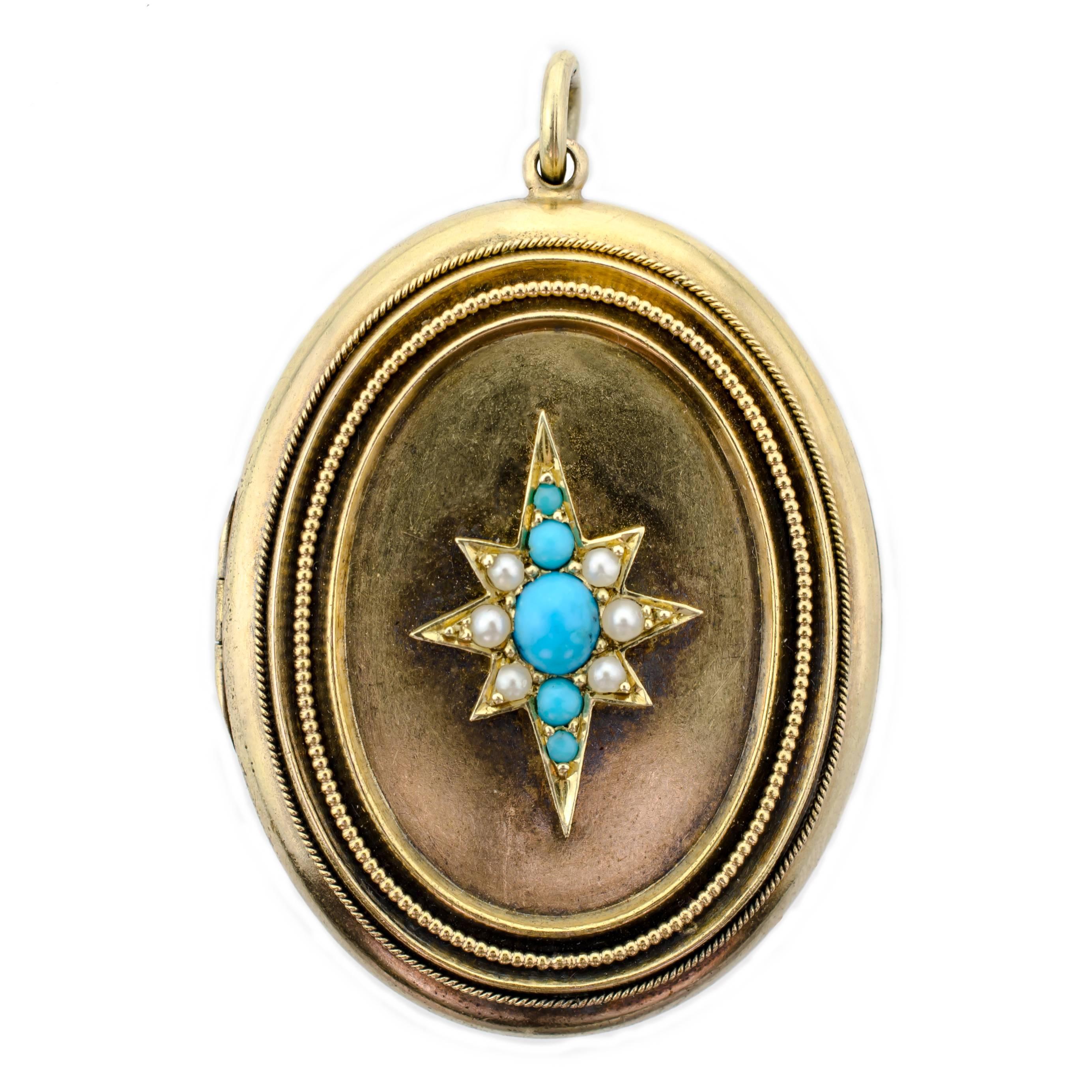 Lovely Victorian 14 Karat Yellow Gold Turquoise and Pearl Locket