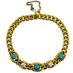 English Victorian Turquise Pearl 15 Carat Yellow Gold Bracelet