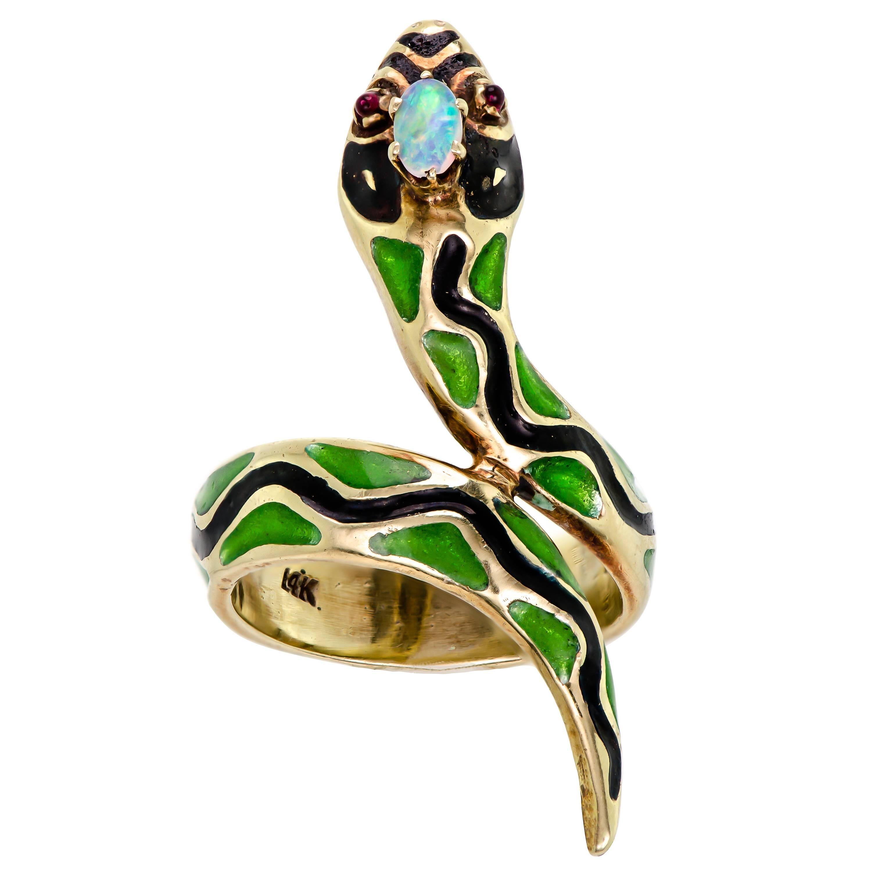 Vintage Enamel Opal Yellow Gold Snake Ring