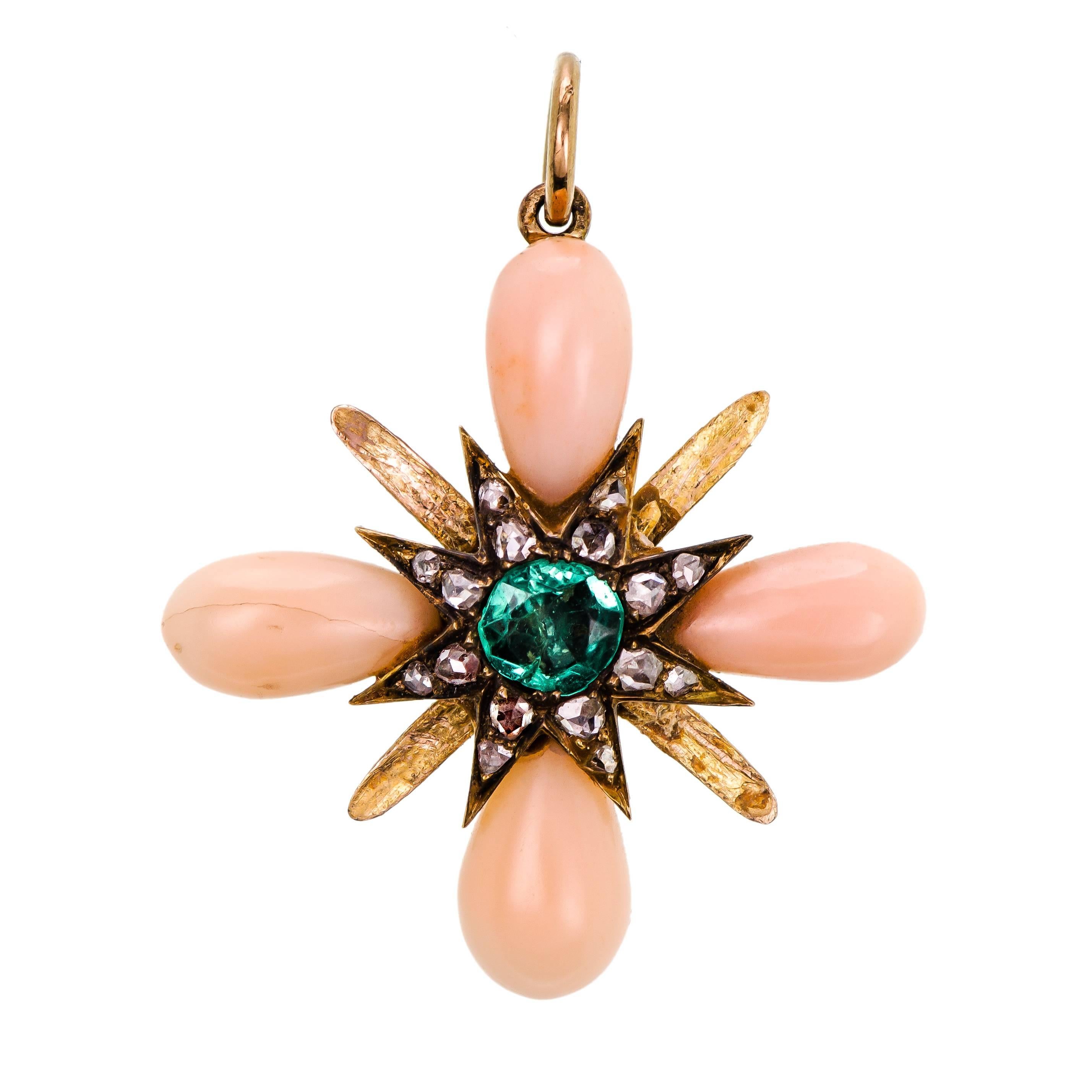 Lovely Antique Angelskin Coral Emerald and Diamond Pendant