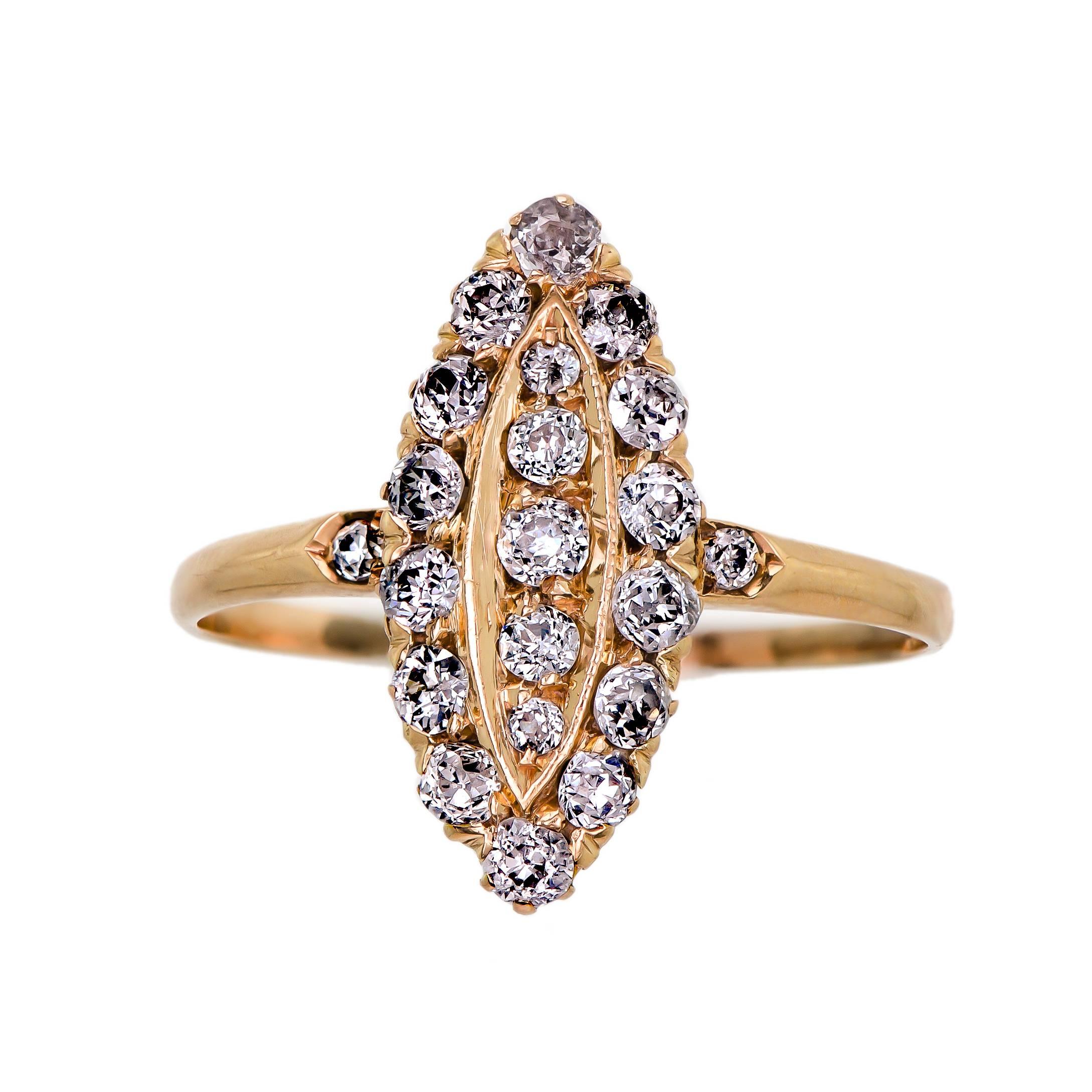 Splendid Victorian Diamond Cluster Navette Yellow Gold Ring