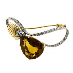 Stunning Retro 18KT Gold Platinum Citrine and Diamond Brooch