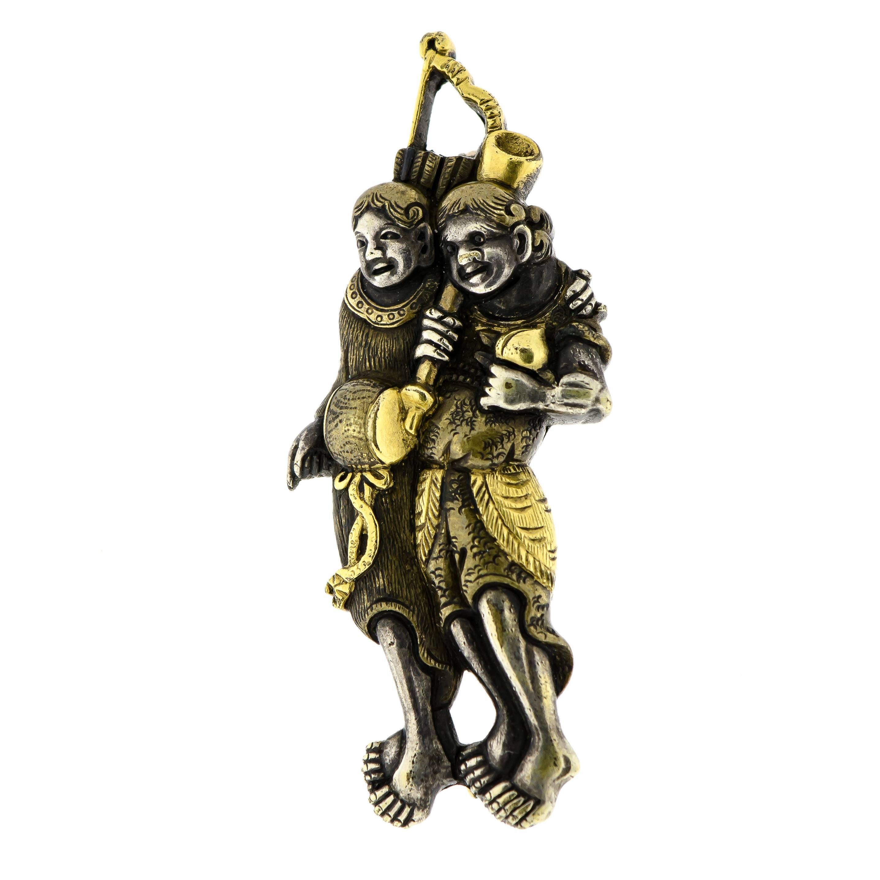 Charming Antique Japanese Shakudo Figural Brooch For Sale