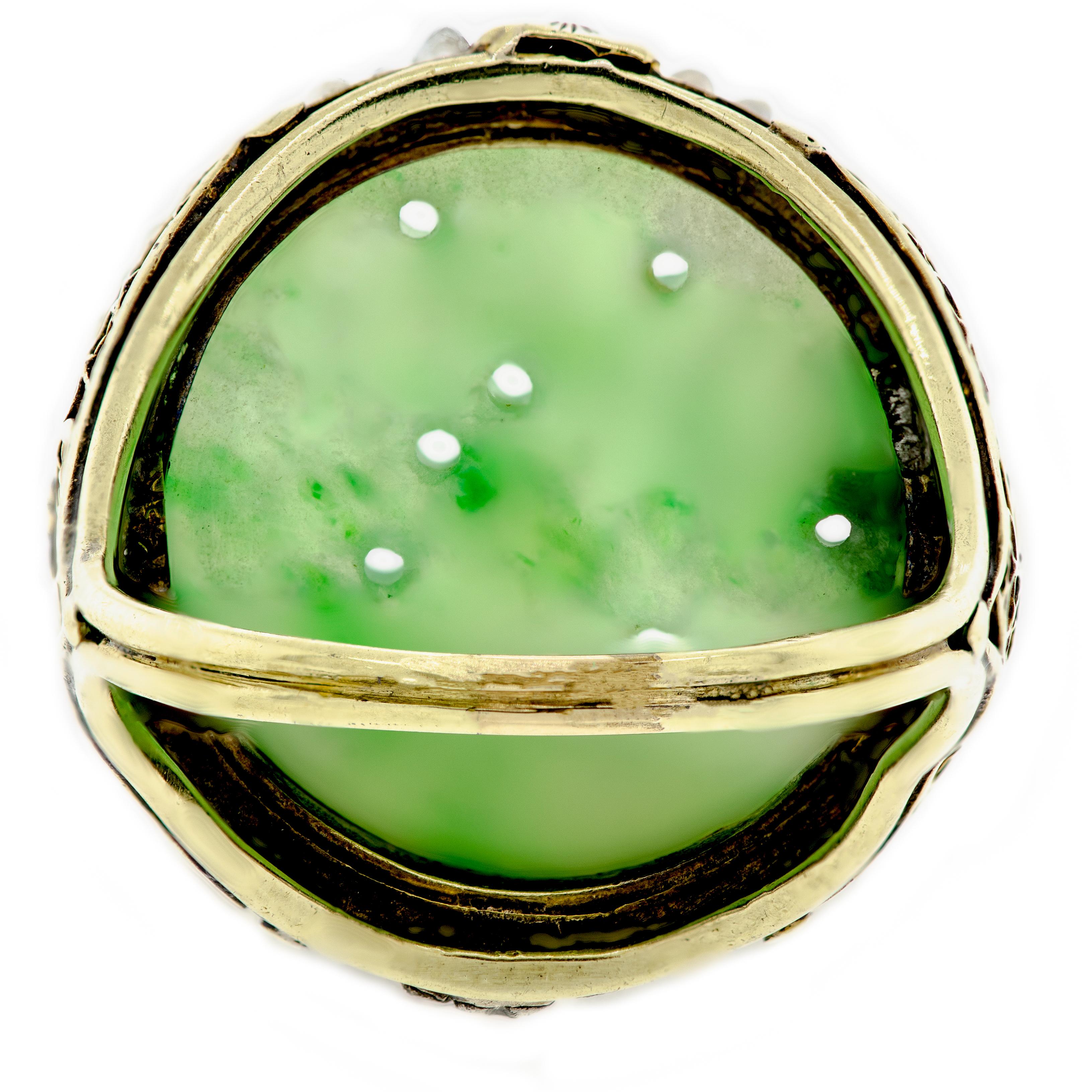 Women's Art Deco Jadeite Seed Pearl 14 Karat Yellow Gold Ring