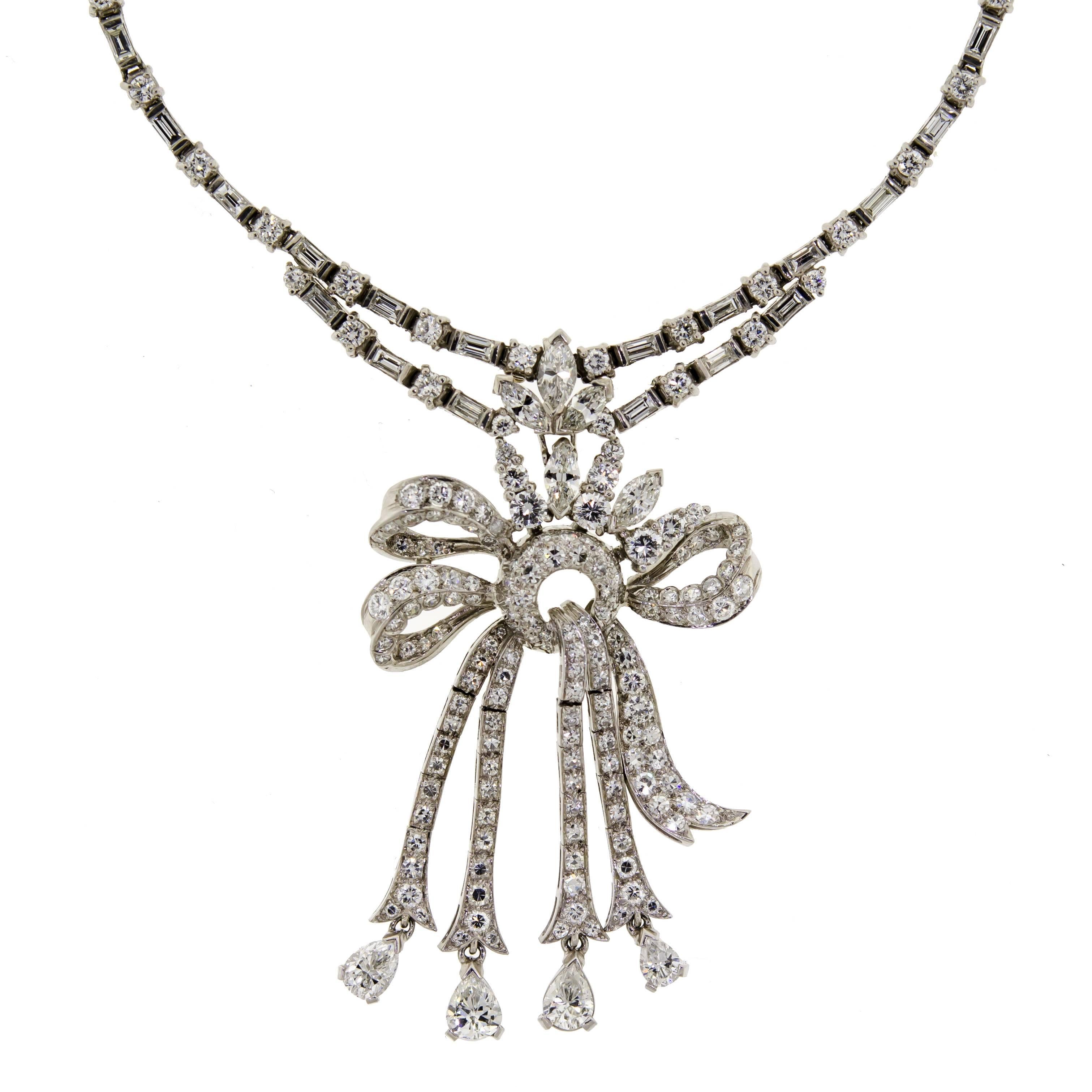 1950's diamond and platinum lady's riviere necklace with detachable pendant. The necklace has a 