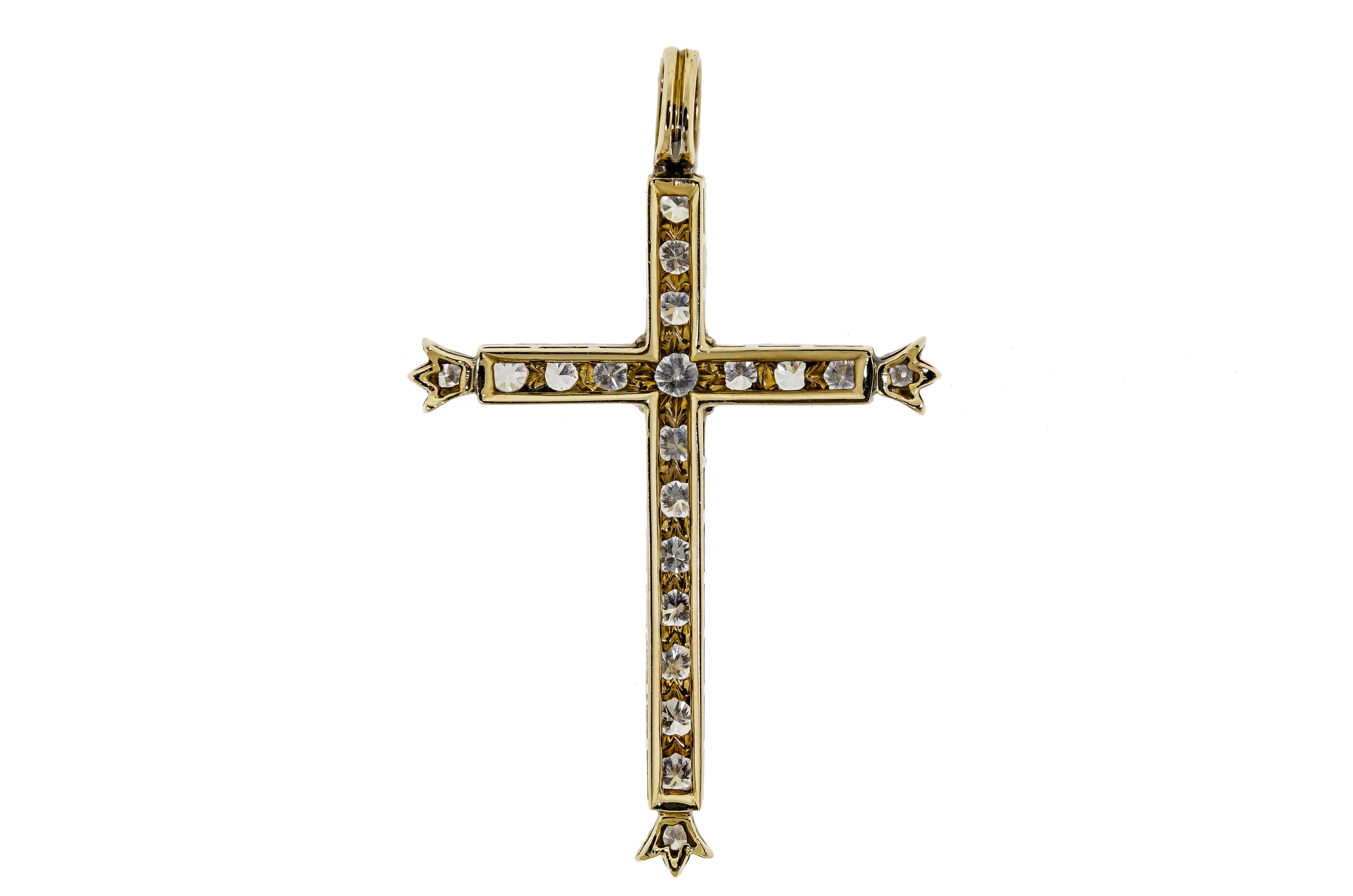 Antique Diamond Platinum Topped Yellow Gold Diamond Cross In Good Condition In Lombard, IL