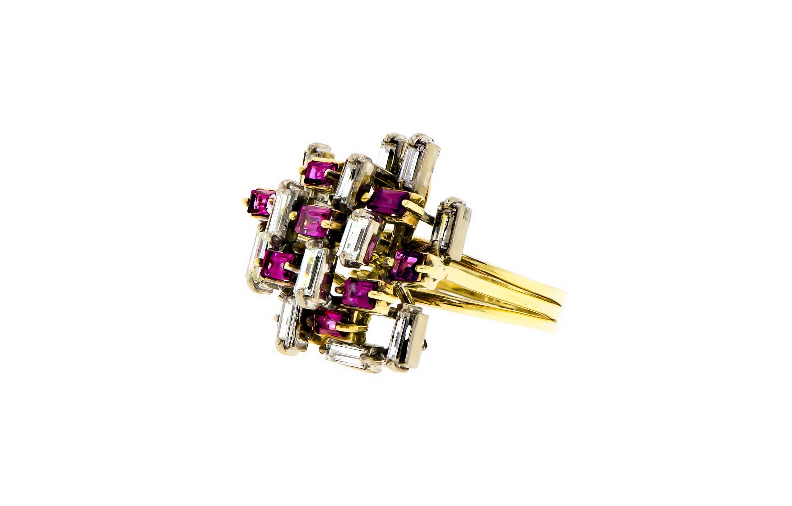 Vintage abstract 1970s ruby diamond and gold ring - abstract design of baguette cut diamonds and rubies arranged in a haphazard abstract design set in 14k white and yellow gold - measures approximately 1 inch; blocked on average - 14K and SM