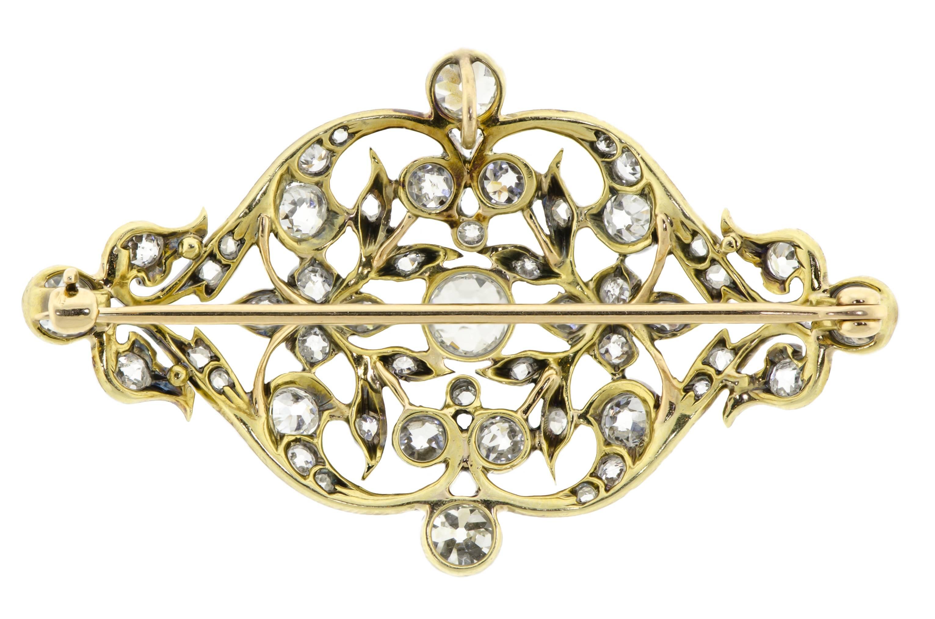 A stunning Edwardian brooch that dates back to the second half of the nineteenth century. Fluidly hand-fabricated in platinum and sparkle with approximately 3 cts of Old European Cut diamond ribbons which create an elegant, stunning and dazzling