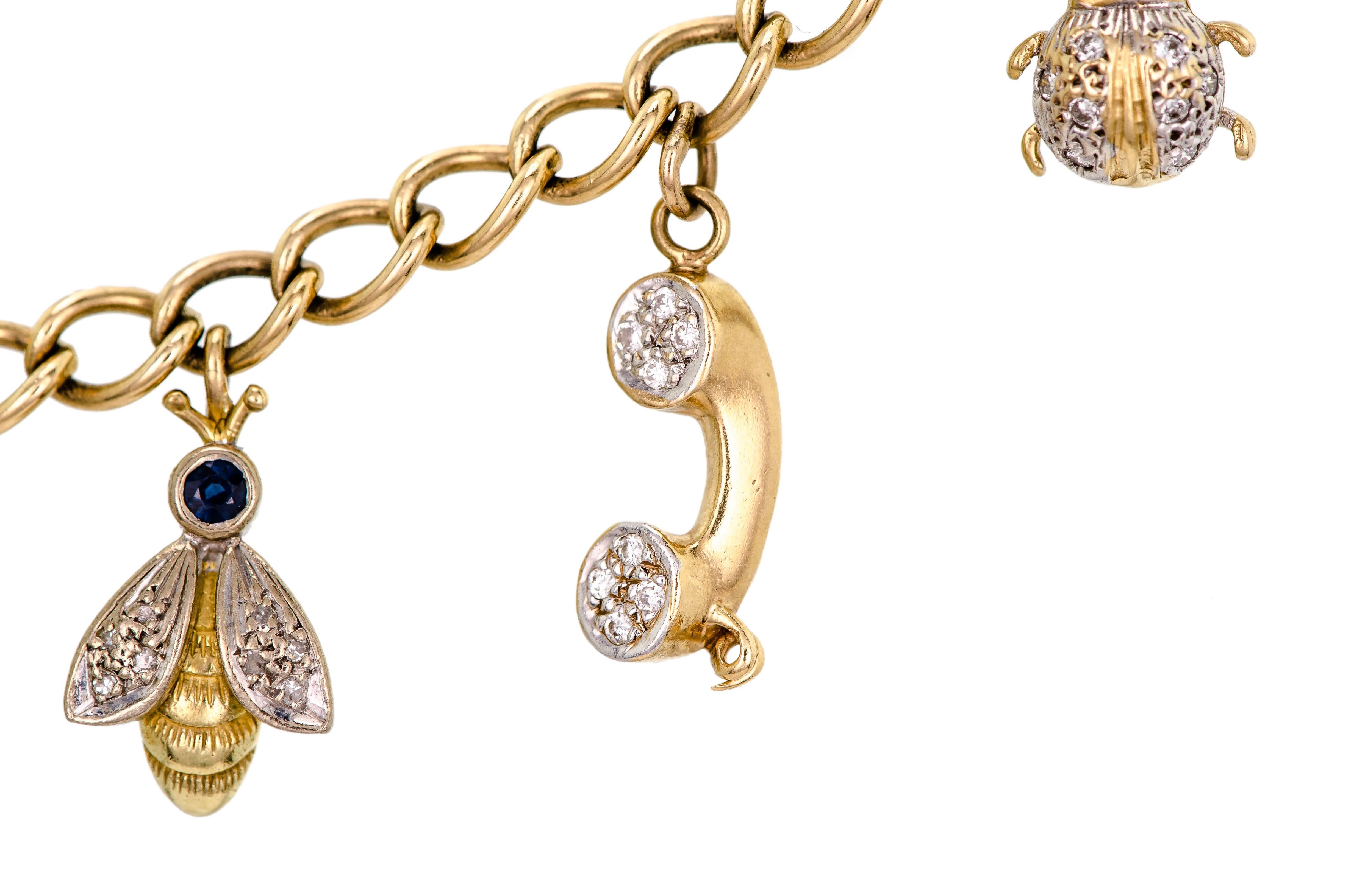 Adorable 14 Karat Yellow Gold and Diamond Charm Bracelet 4