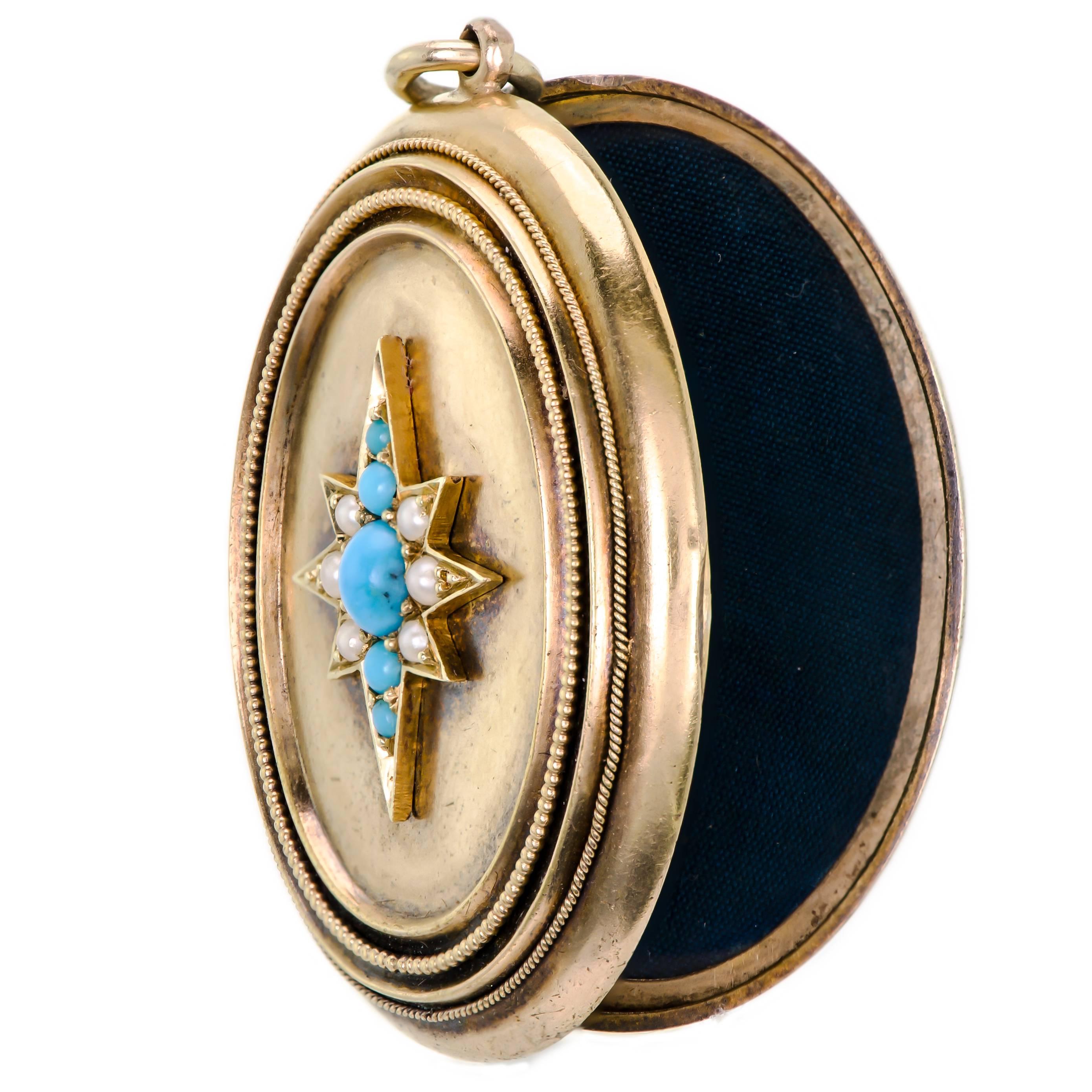 Lovely Circa 1890 Victorian 14K yellow gold turquoise and pearl locket - glass frames on both sides inside.  Applied turquoise pearl stylized star