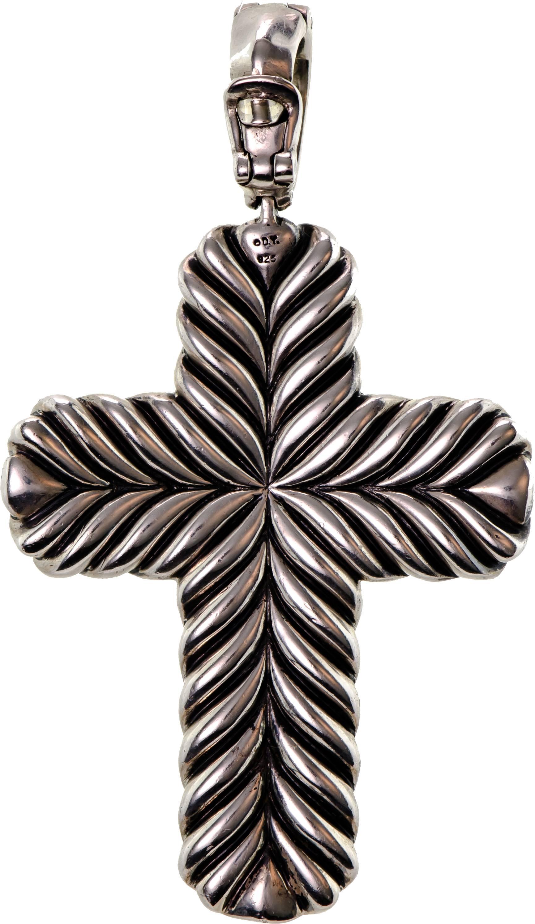 Large size David Yurman black diamond and silver cross pendant - set with 14 plus carats of round black diamonds into a heavy sterling silver mount - Reverse: Chevron Decoration - Bail - black diamond set and opens as an enhancer - Piece measures
