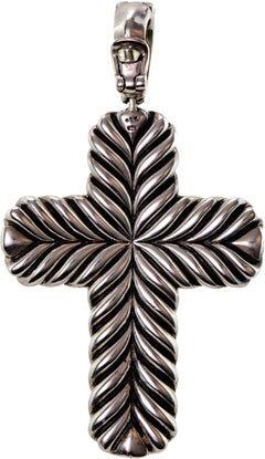 Large Size David Yurman Black Diamond and Silver Cross Pendant