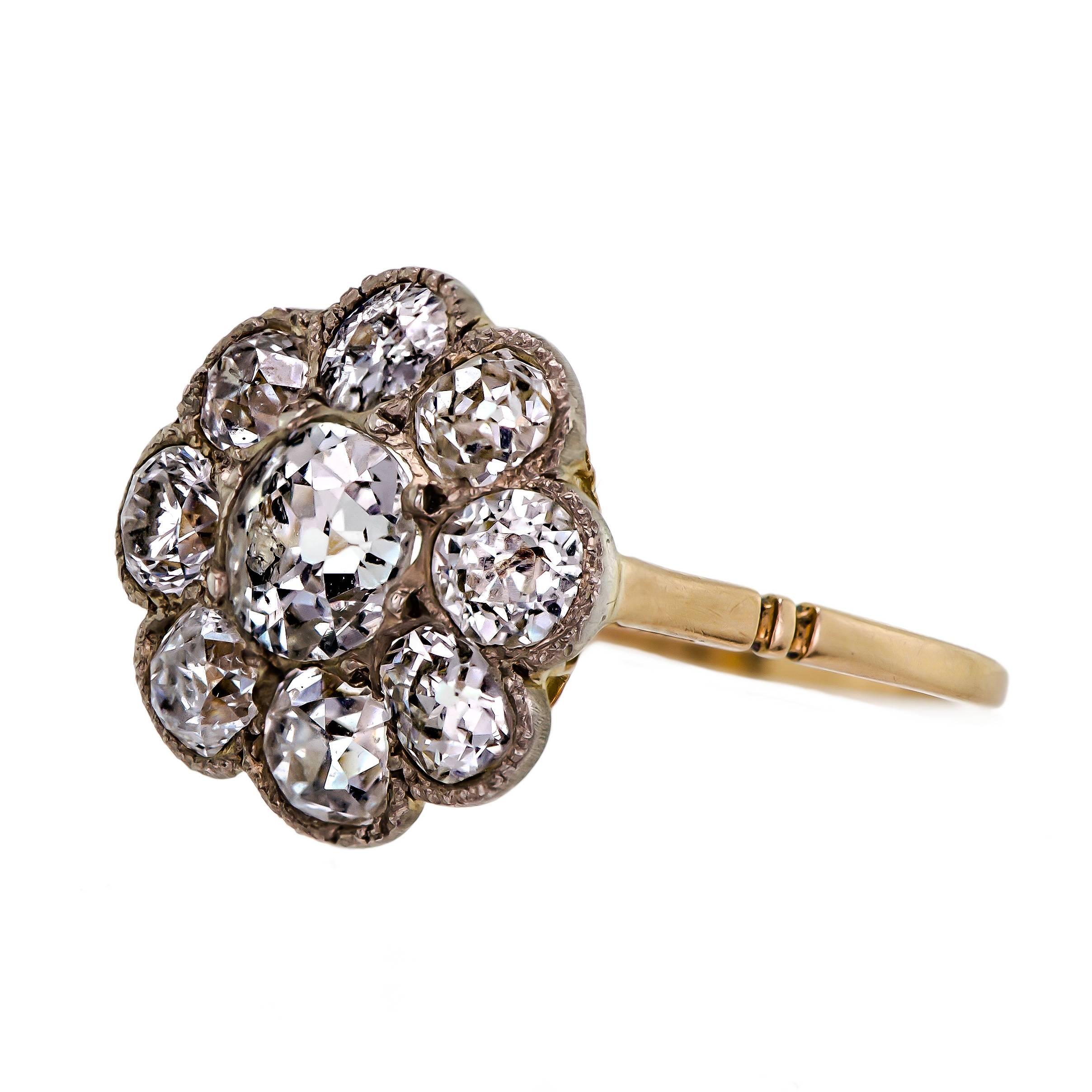 Old European Cut Victorian Diamond and Yellow Gold Cluster Ring