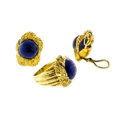 Mid-Century Lapis and 18 Karat Yellow Gold Ring and Earring Set by Ruser