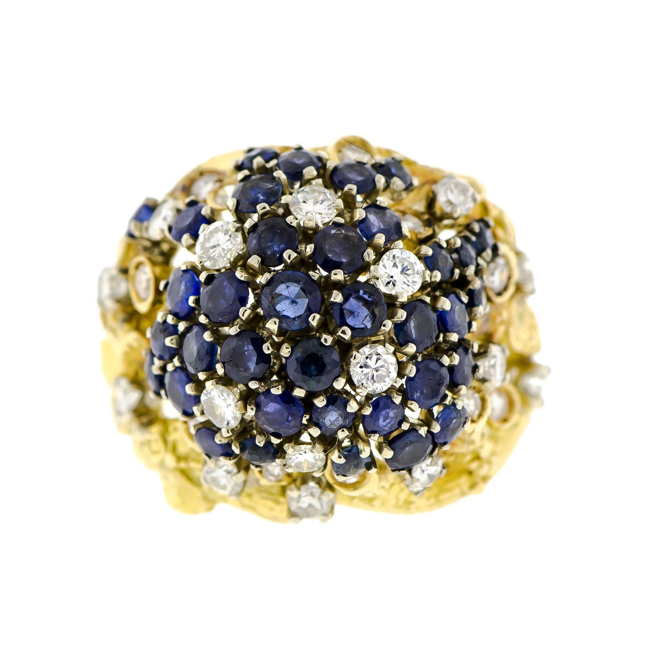 Fantastic Mid-Century Sapphire Diamond and 18K Gold Cluster Dome Cocktail Ring For Sale