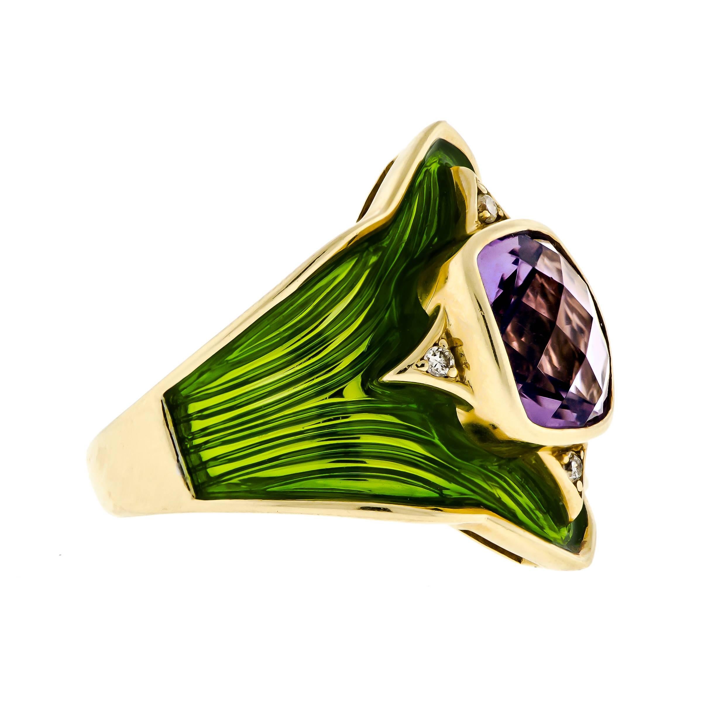 Vintage amethyst diamond and enamel cocktail ring centrally set with one oval bezel set brilliant cut amethyst diamond accents and green enamel 14kt yellow gold.  Very fine condition. 

12.60 dwts. 