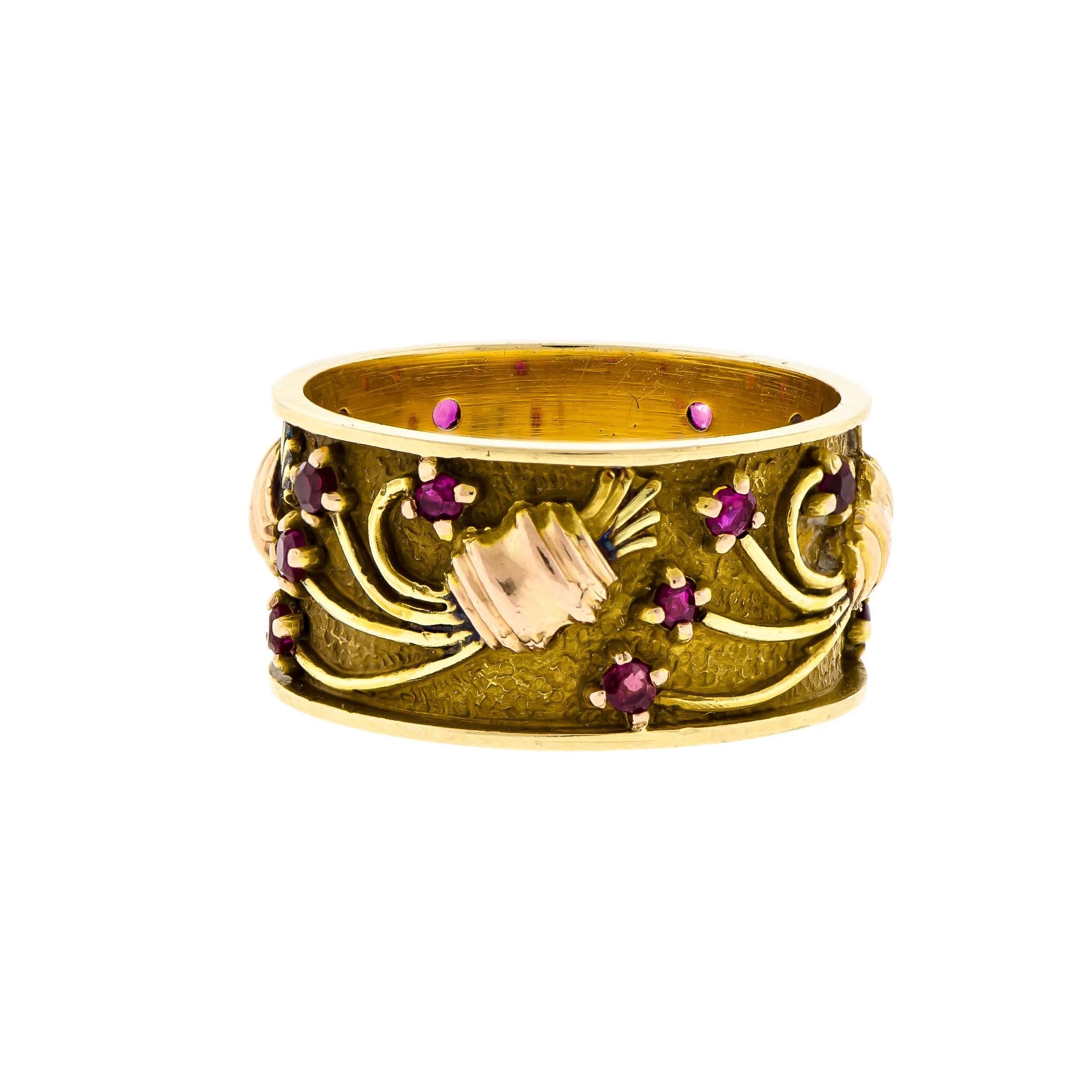 Wonderful Retro Circa 1935 tri-color, gold, green, pink, gold and ruby (mix of natural and synthetic) ruby wide wedding band - exquisite details - raised goldwork design  set with small round rubies (mix natural and synthetic which was common