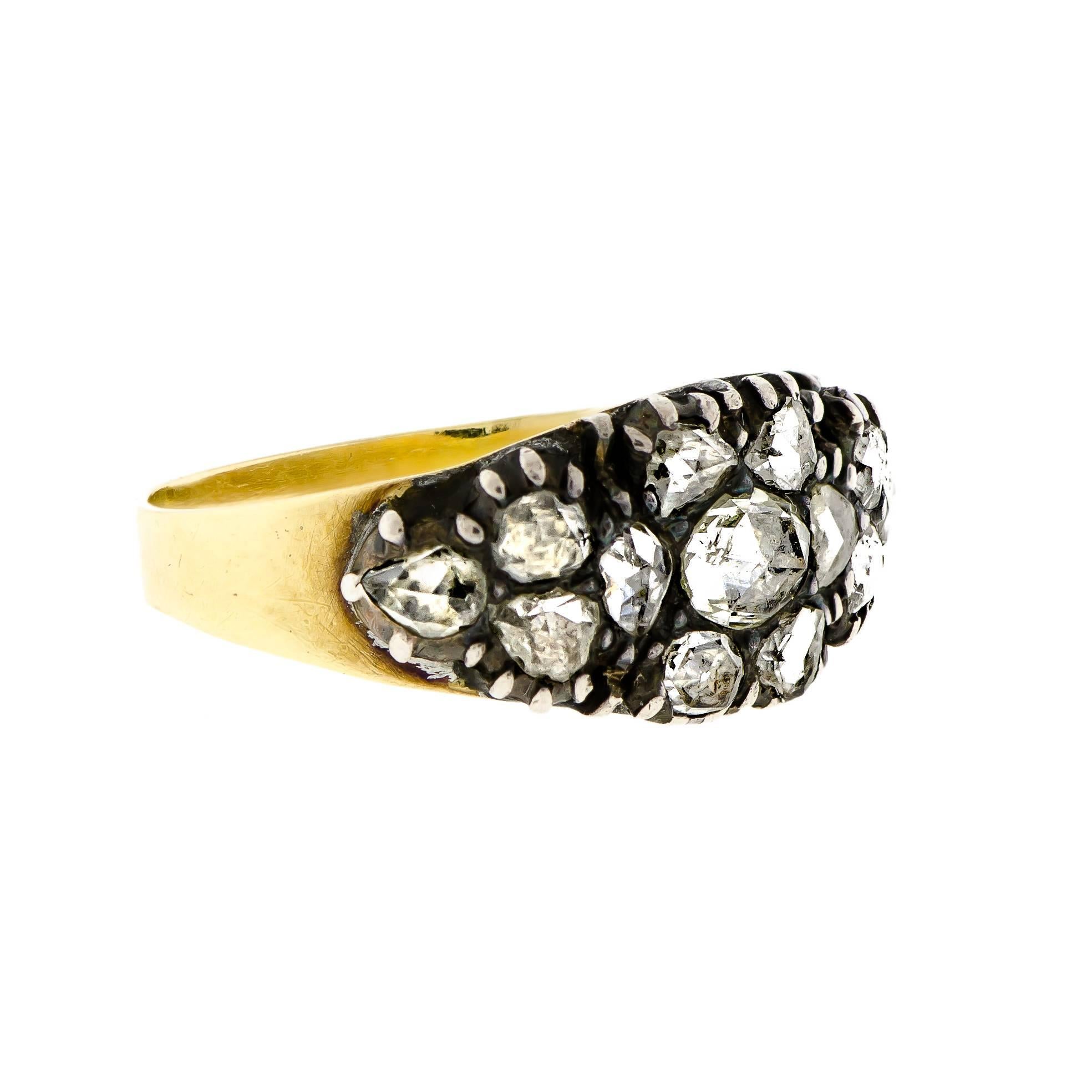 Women's or Men's Early Victorian Silver Topped Yellow Gold Rose Cut Diamond Ring