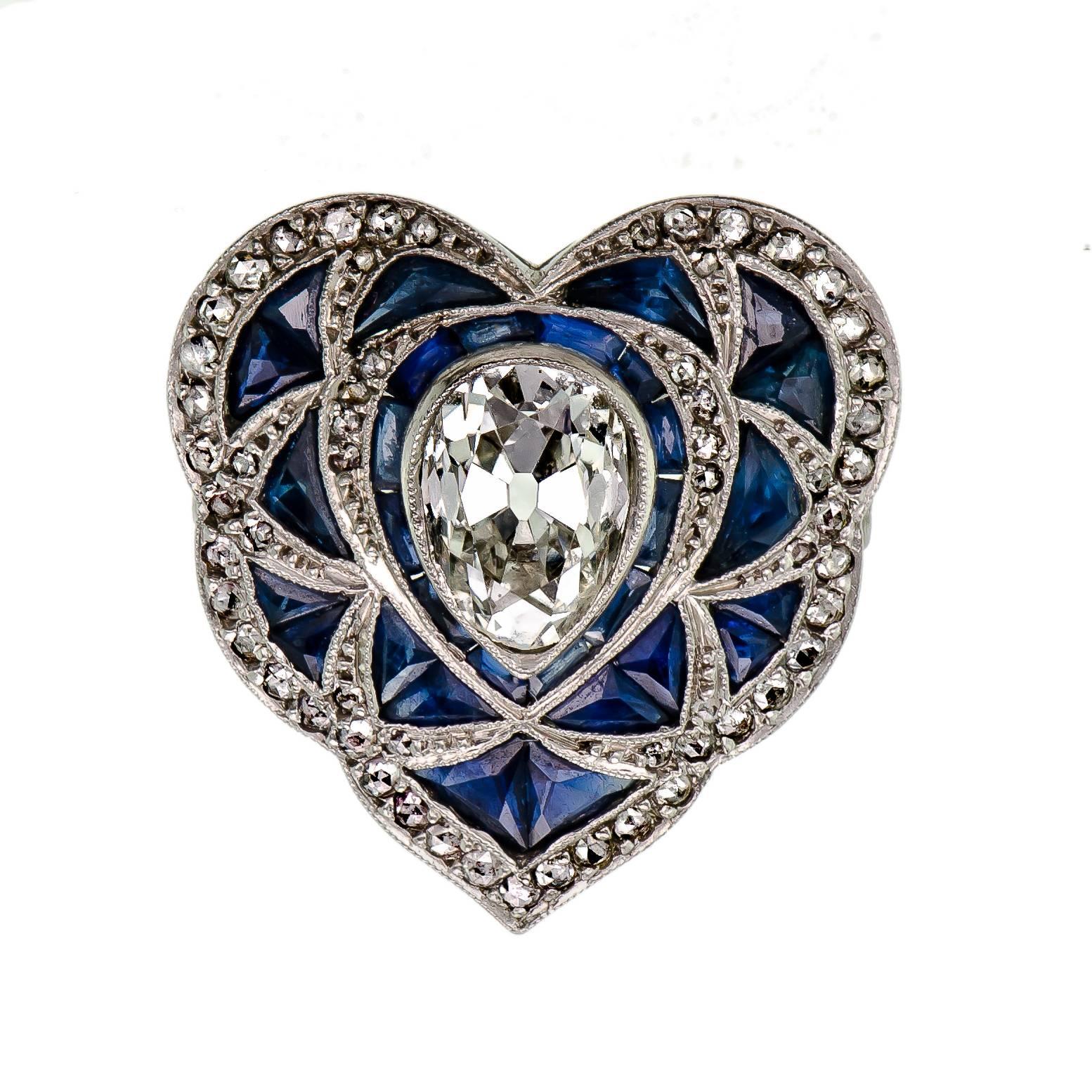 Alluring Art Deco Diamond and Sapphire Heart Ring For Sale