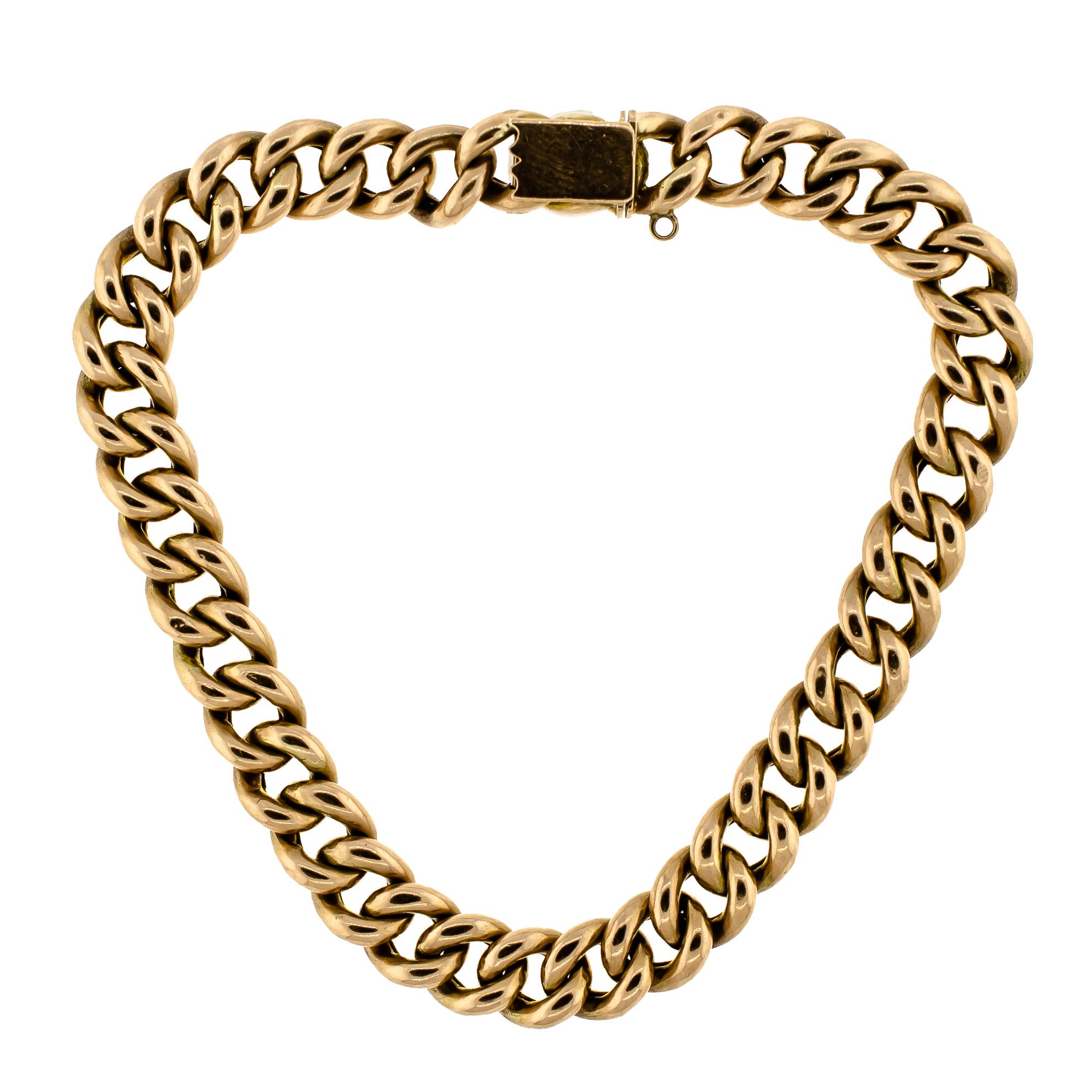 This antique English curb link bracelet has been crafted in 9ct yellow gold and dates back to the last turn-of-the-century. Thirty-seven hollow beautiful curb links and a concealed box link clasp make up this attractive bracelet. The tongue of the