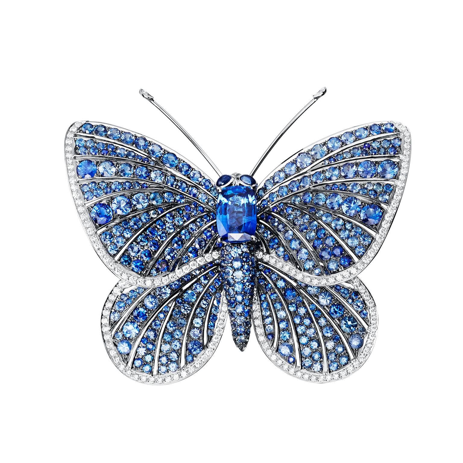 Renesim 4.26 Carat Sapphire Diamond Platinum "Holly Blue" Brooch For Sale