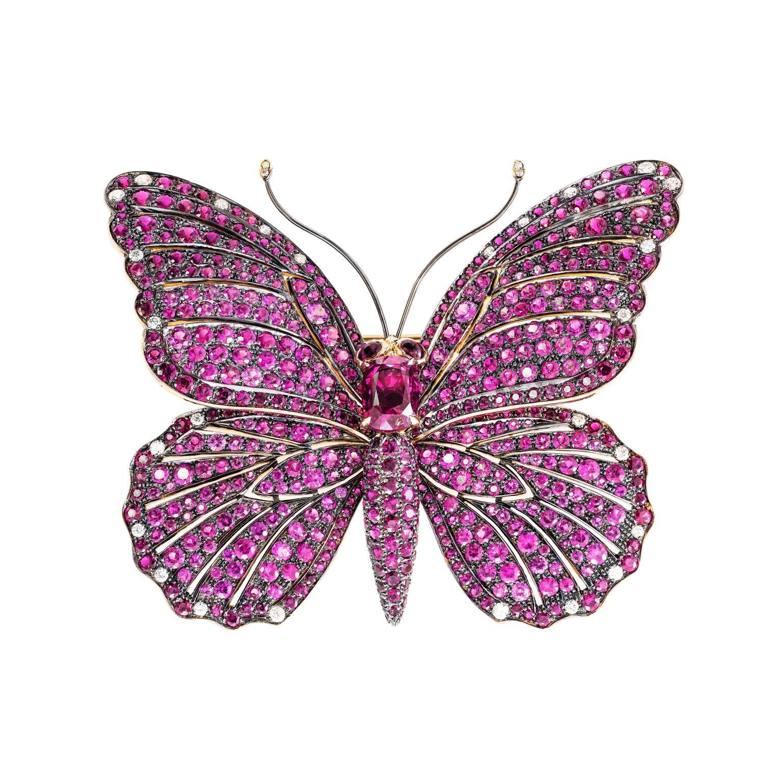 Renesim 2.36 Carat Pink Sapphire Ruby Diamond Gold "Large Copper" Brooch For Sale