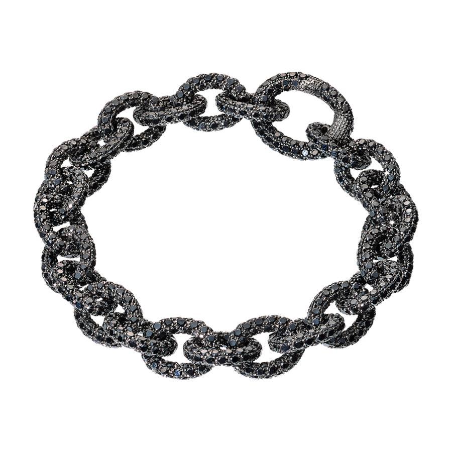 Renesim Pave Brilliant Black Diamond Gold Broad Link Bracelet For Sale
