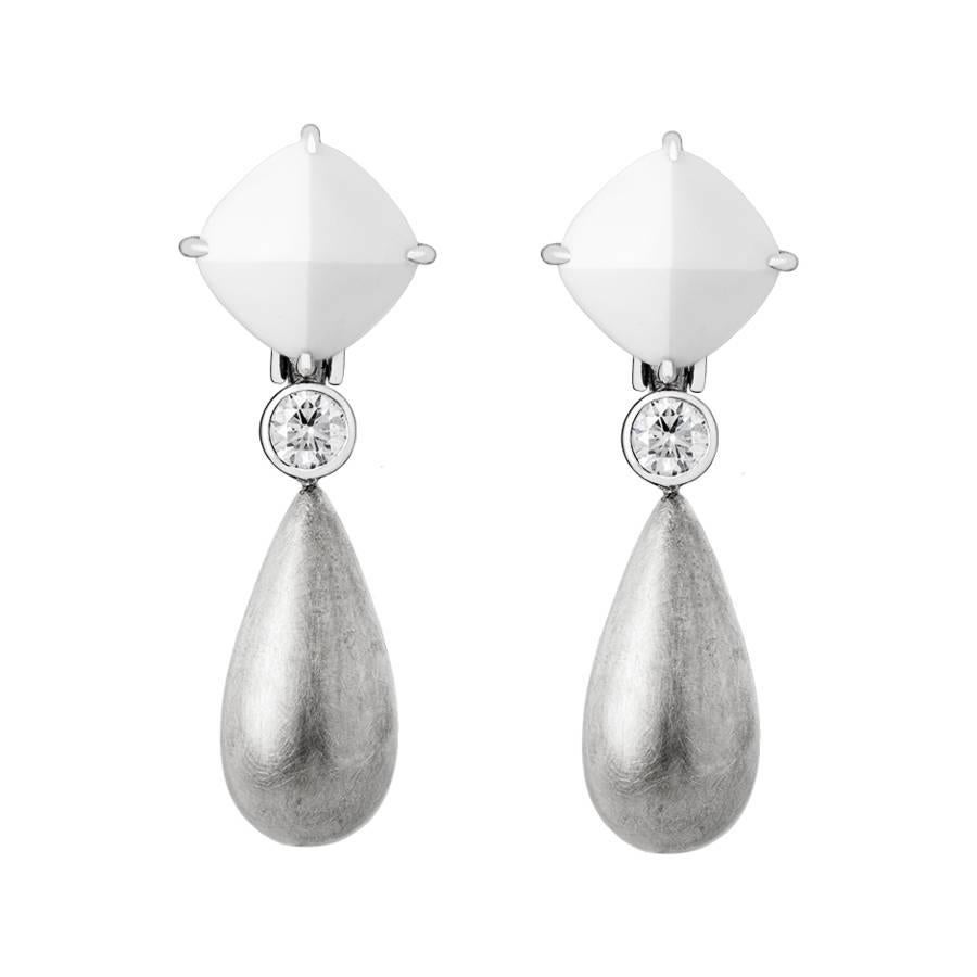 Renesim Sugar Loaf Cacholong and Brilliant Gold Drop Earrings For Sale