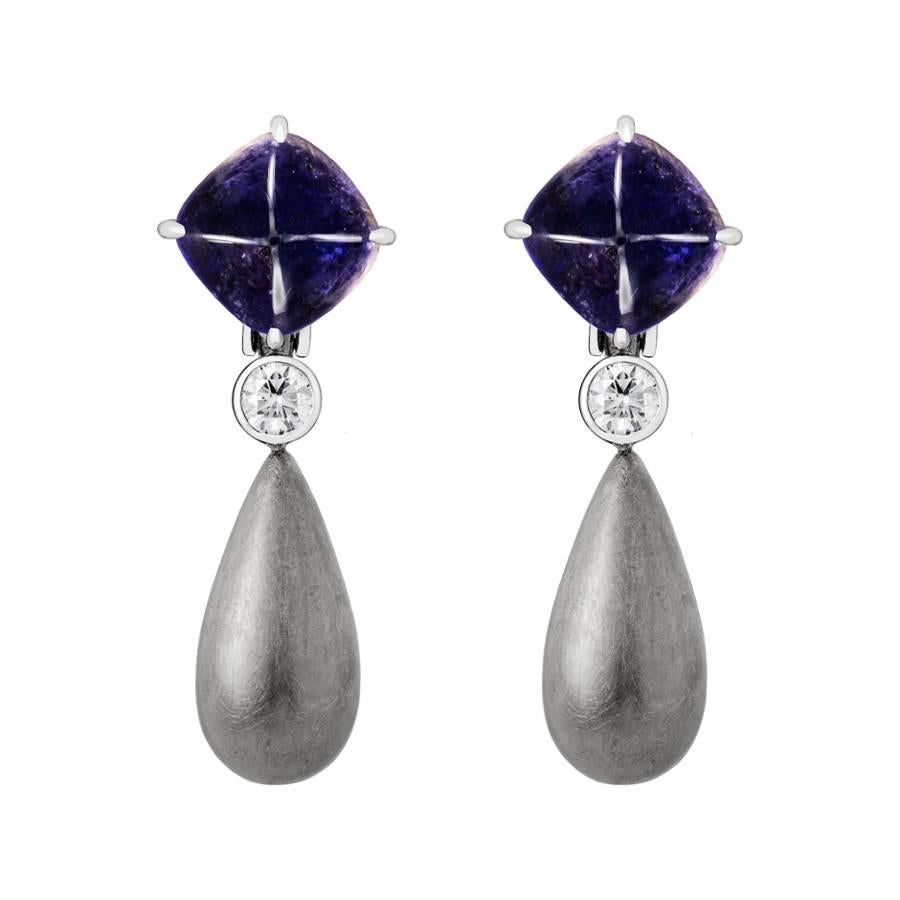 Renesim Iolite Brilliant Gold Drop Earrings For Sale