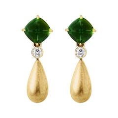 Renesim Green Tourmaline Diamond Gold Drop Earrings