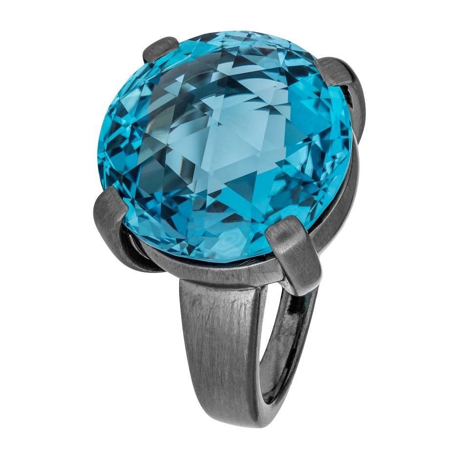 Renesim Blue Topaz Matted Rhodium Plated White Gold Round Ring For Sale