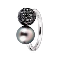 Renesim Tahitian Pearl & Black Diamond Pave Sphere Ring