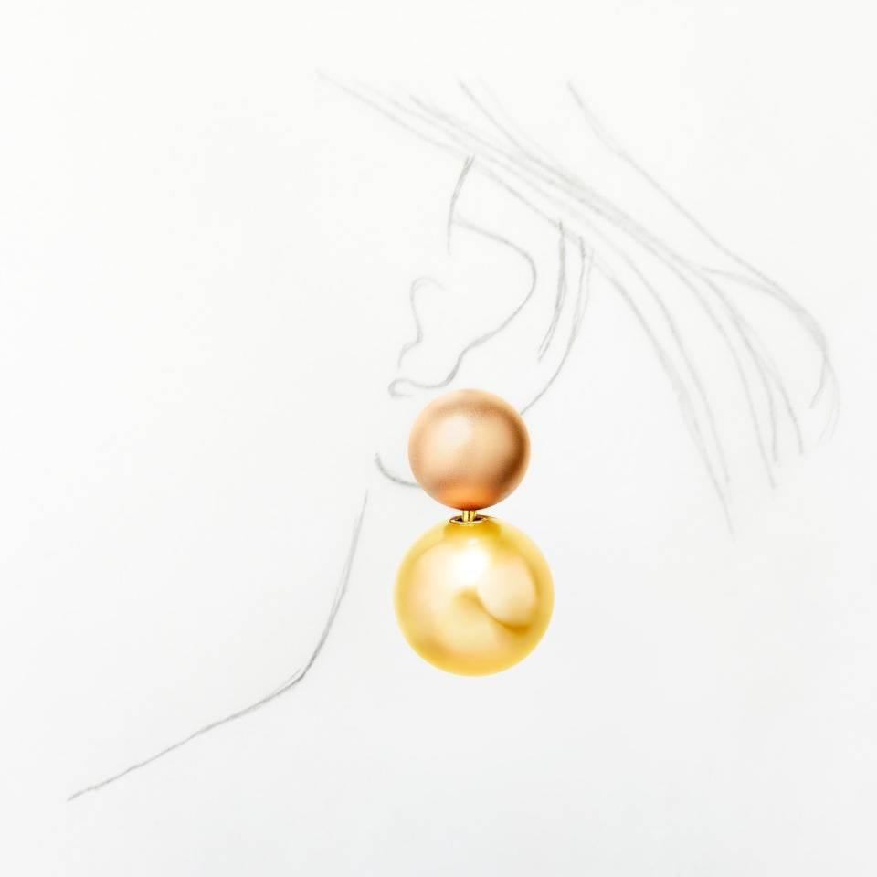 Contemporary Renesim Yellow Pearl & Matted Gold Sphere Earrings  For Sale