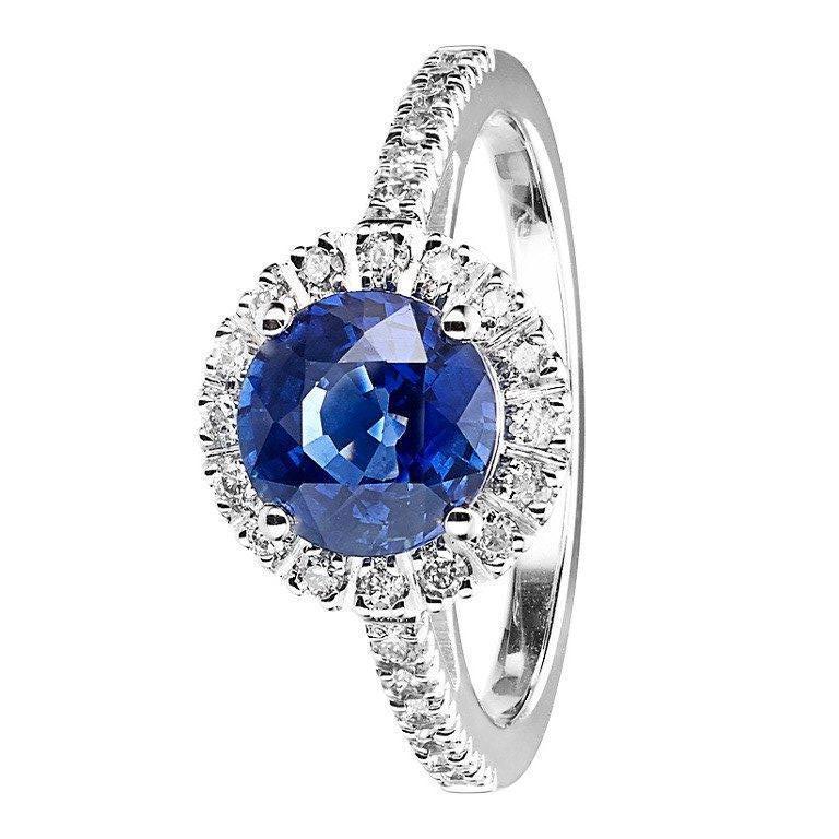 RENESIM Elegant Sapphire Ring in Halo Setting with Brilliants For Sale