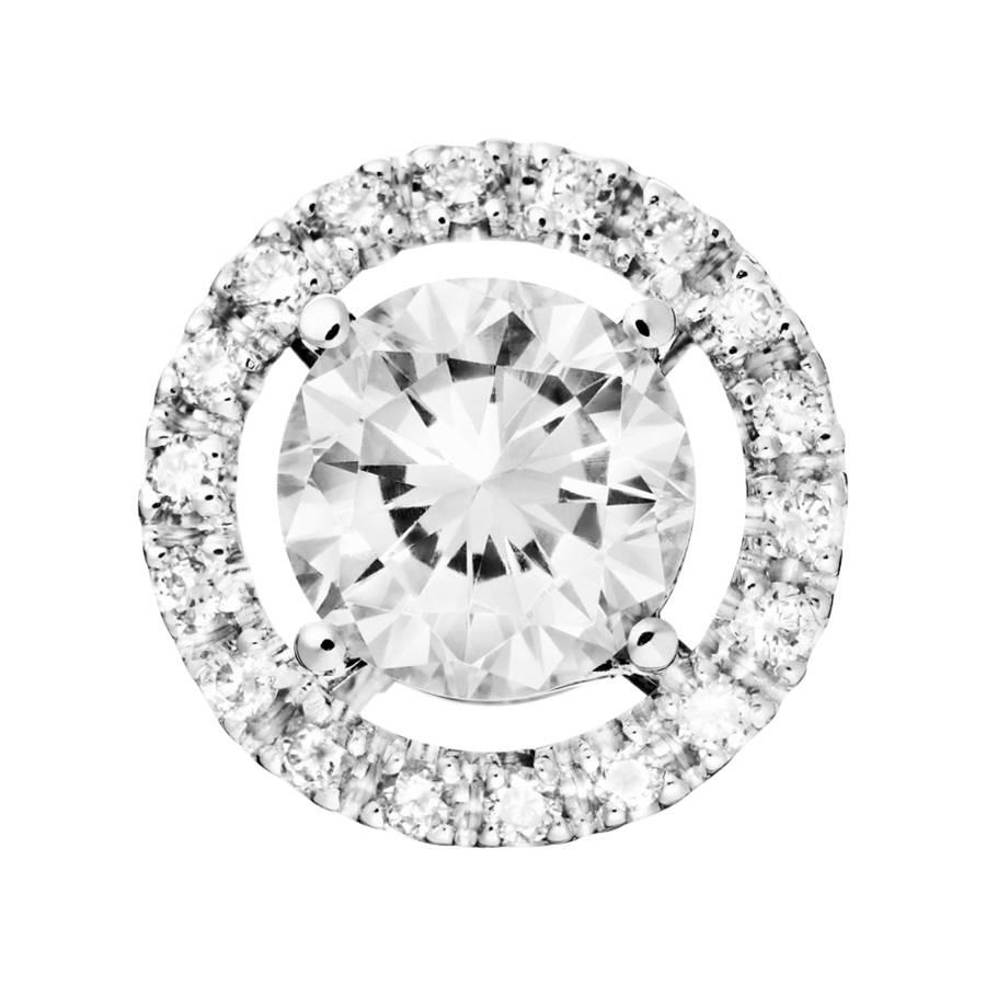This lustrous diamond pendant features a 1ct brilliant cut diamond (G VS), surrounded by a captivating halo of pave diamonds with a total weight of approximately 0.16 ct. The pendant is crafted in 18K white gold and is available in yellow gold, rose