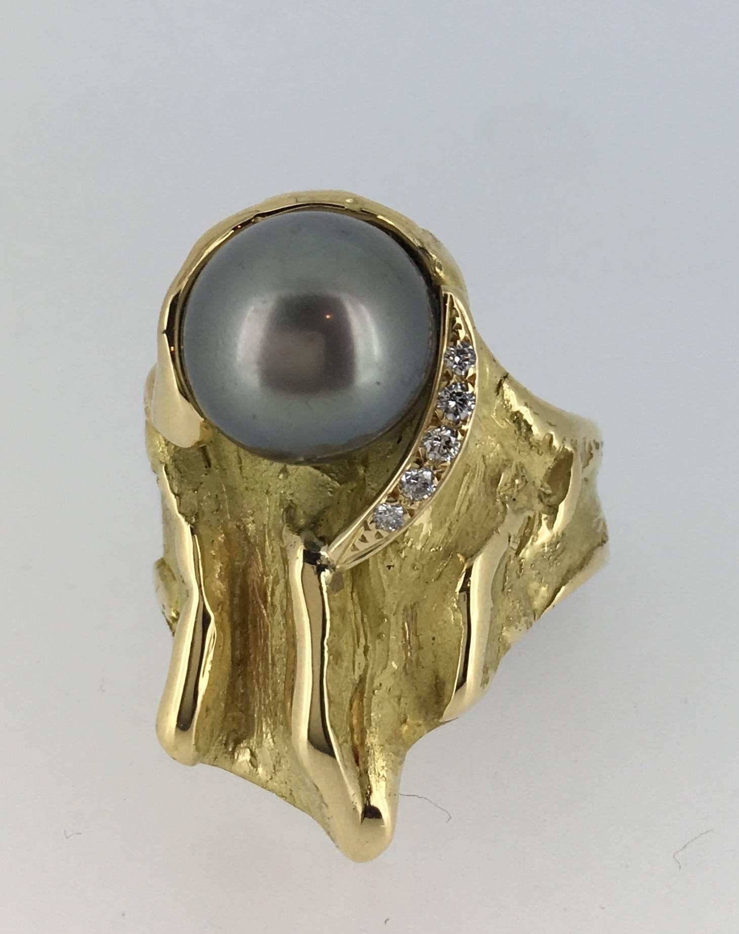 Modernist S. Van Giel  Pearl, Diamond and Gold Ring For Sale