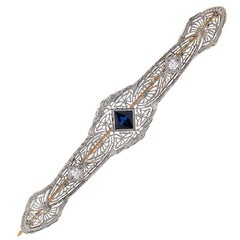Blue Sapphire Diamond Two-Color Gold Brooch