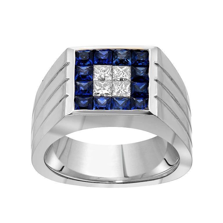 Men's Blue Sapphire Princess Cut Diamond Gold Band Ring at ...