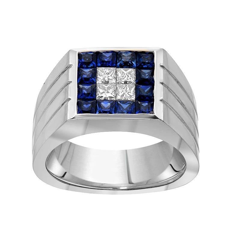 Herrenring mit blauem Saphir und Diamant im Prinzessinnenschliff aus Gold
