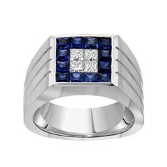 Herrenring mit blauem Saphir und Diamant im Prinzessinnenschliff aus Gold