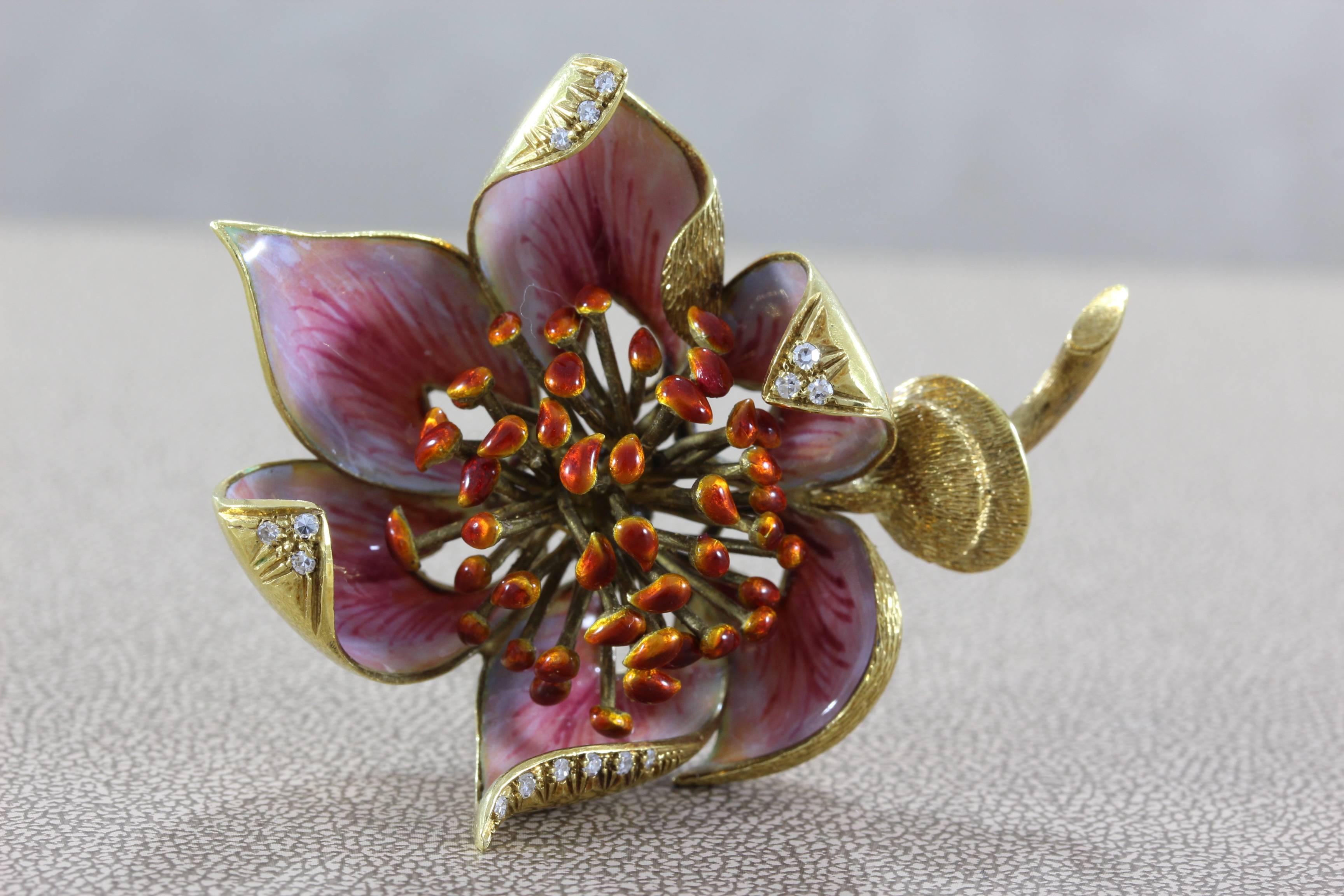 Italian Enamel Diamond Gold Flower Brooch In New Condition For Sale In Beverly Hills, CA
